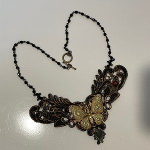 Lace Necklace with Enamel Butterfly Bead and Crystal Accents